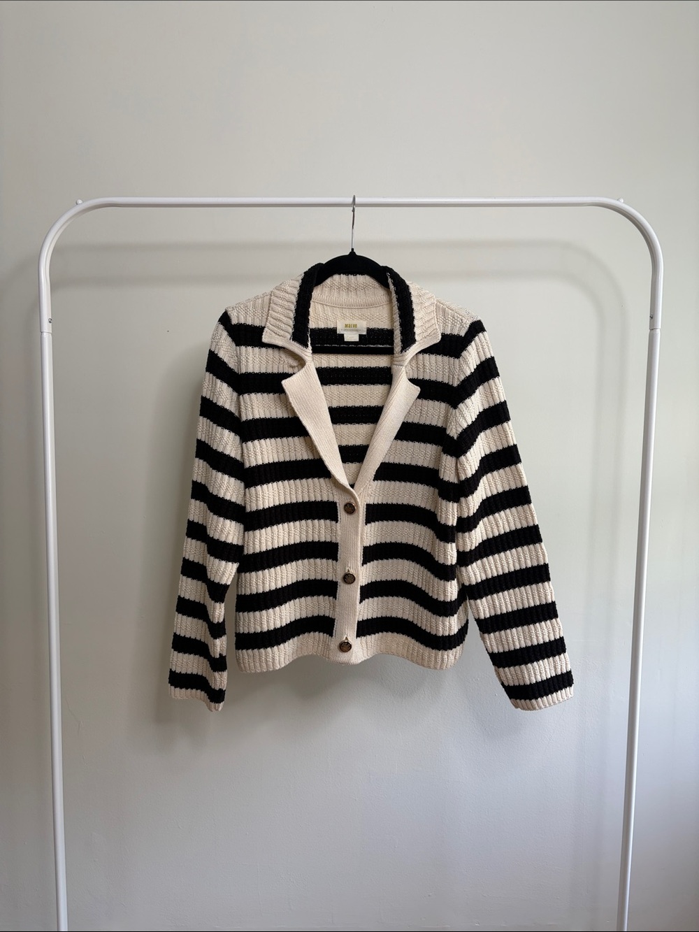 Anthropologie Black and Cream Striped Ribbed Button Cardigan